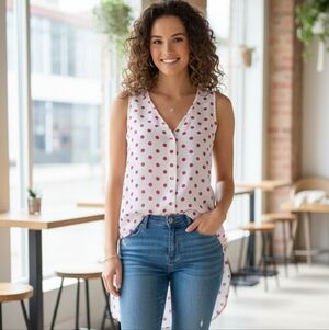 Velvet Heart White And Pink Polka Dot Sleeveless Button Down Shirt Size M